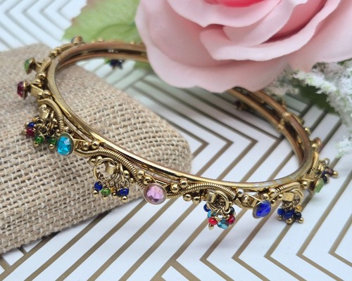 Unique Vintage Bangle Bracelet Gold Tone Dangle Beads & Colorful Rhinestones - Picture 2 of 6