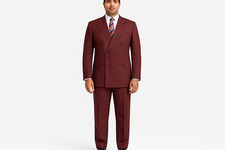 Burgundy Vinci Men Solid Color Double Breasted Regular Fit Suit Elastic Waist