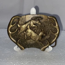Vintage 1977 Bergamot Brass Works Deer Buck Doe Antlers Y-144 Belt Buckle USA