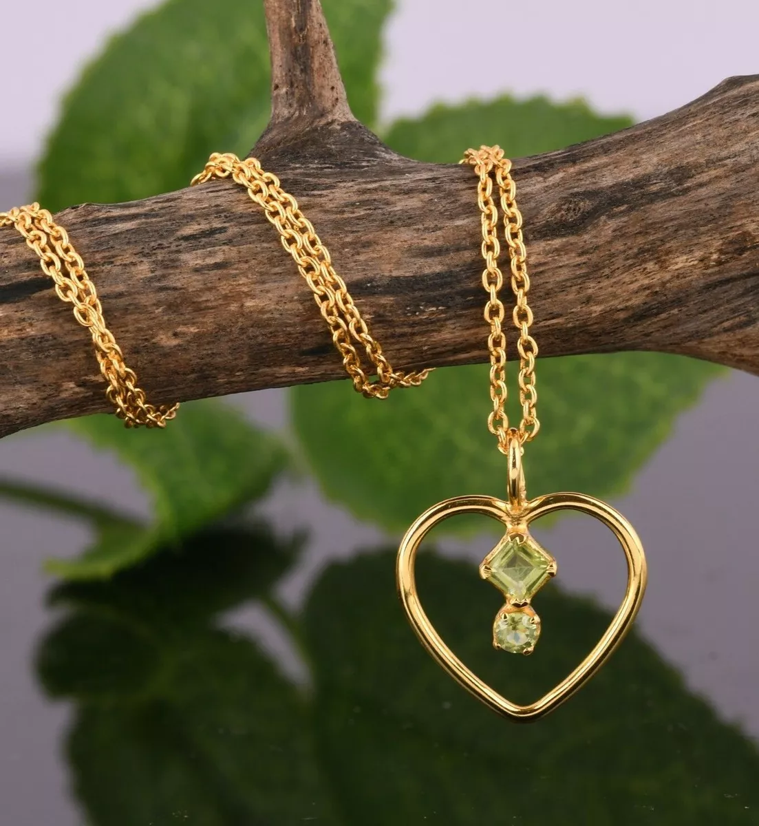 Heart Shape Peridot 18k Gold Plated Pendant 925 Silver Love