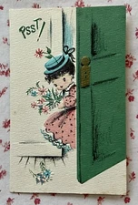 Vtg Mid Century UNUSED Gold Embossed Get Well Cute Girl Pink Dress Greeting Card