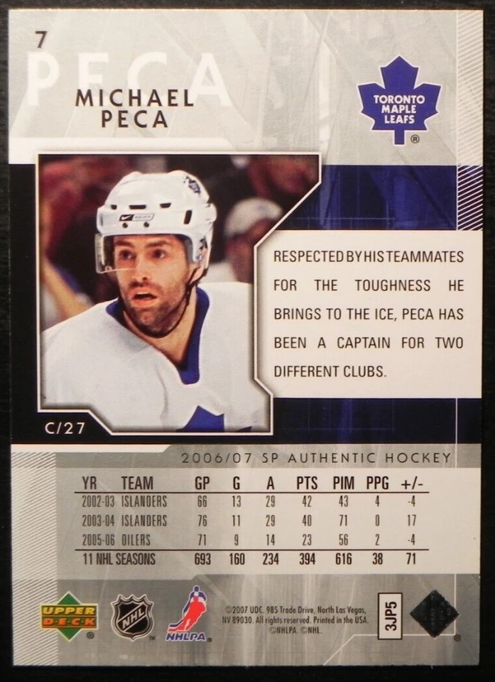 2006-07 06/07 SP Authentic #7 Michael Peca Toronto Maple Leafs - Image 2 of 2
