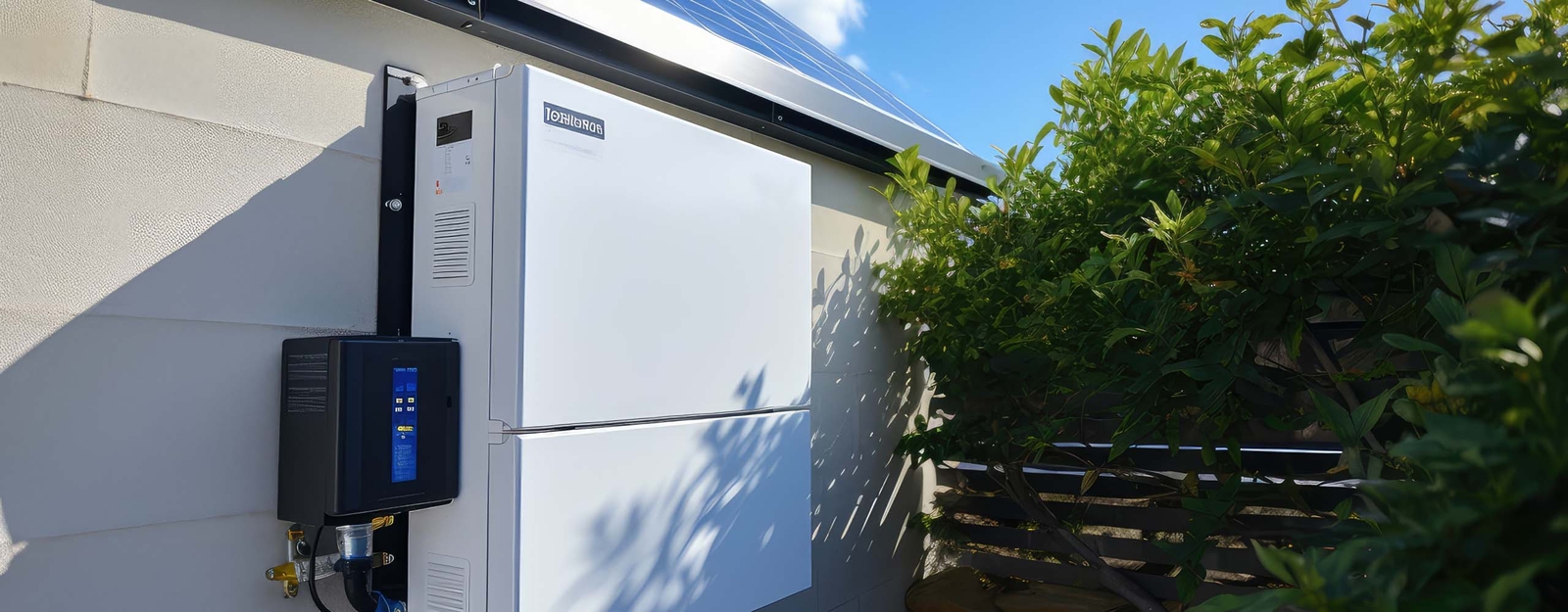 Ein Batteriespeichersystem und ein Wechselrichter, montiert an der Außenwand eines Gebäudes mit Solarmodulen auf dem Dach