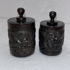 Hand Carved African Loose Tea/ Tabacco Jars Vintage 2 Pc Set