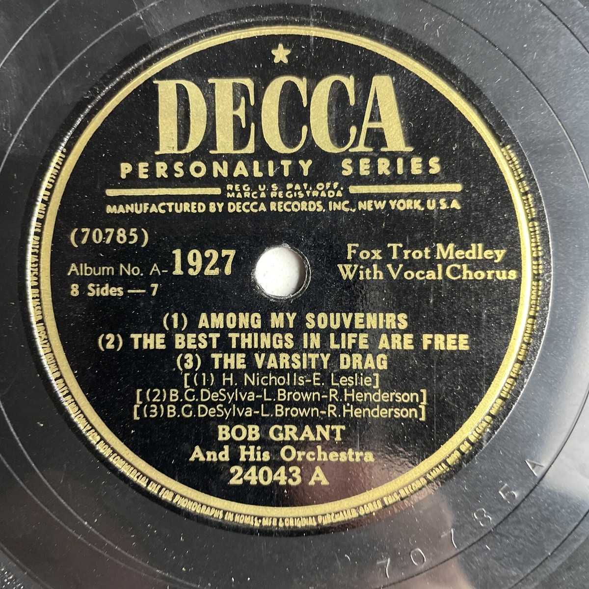 10&quot; 78 RPM-Bob Grant-Among My Souvenirs/The Best Things In Life 