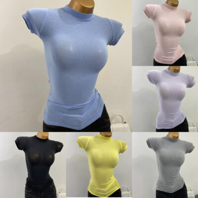 Women Short Sleeve Mock Neck Pullover Tops Slim Thin Semi-Transparent T-Shirts