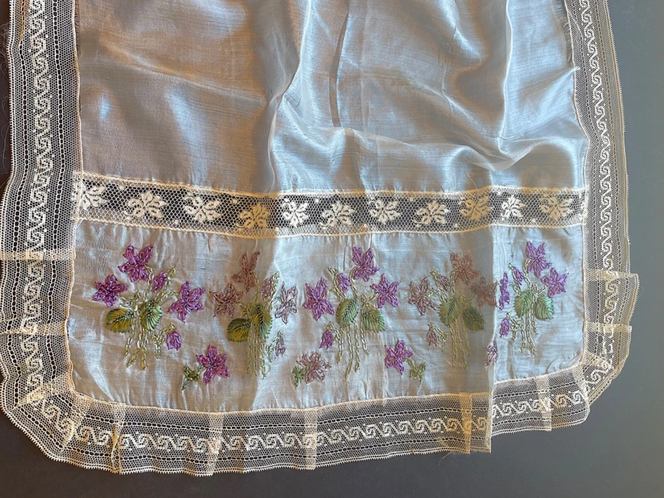 Antique Wedding Trousseau Sheer Silk Hand Embroidered Apron w/ Pocket Unfinished - Image 2 of 4