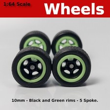 10mm10mm Blackgreen Rims 5 Spoke Blackwall Tire Set For Hot Wheels