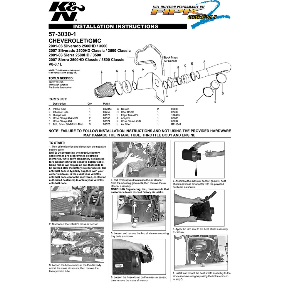 Воздухозаборник холодного воздуха K&N 57-3030-1 для 2001-06 Silverado Sierra 2500 HD 3500 8,1 л V8 - Изображение 4 из 4