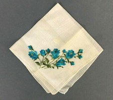 Vintage Silk Embroidery Teal Blue Roses All Cotton Handkerchief Switzerland NWT