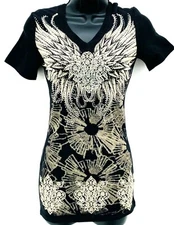 PLATINUM PLUSH FLEUR DE LIS WINGS PRINT OPEN V BACK RHINESTONE S/S SHIRT #1883