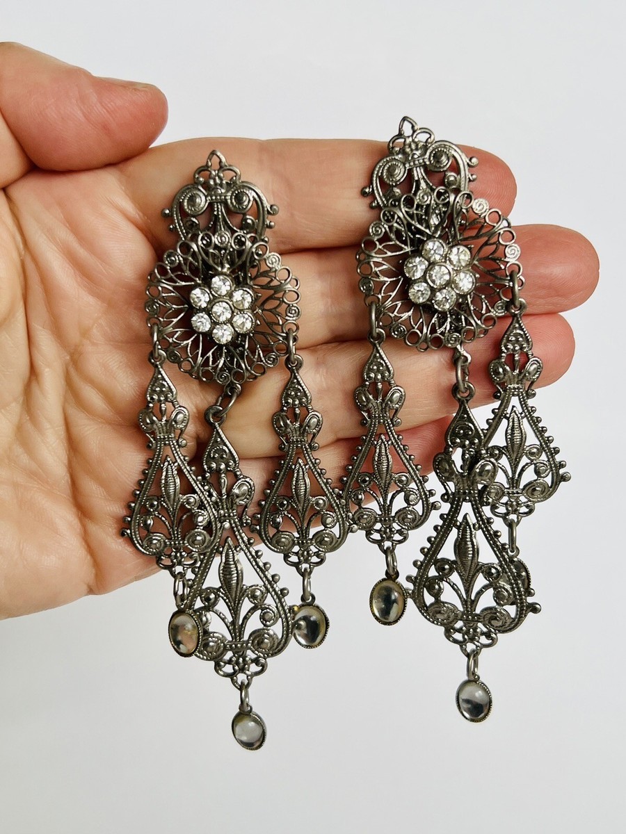Vintage Frank Usher Statement Chandelier Earrings Filigree Silver Clip-On  BNWT