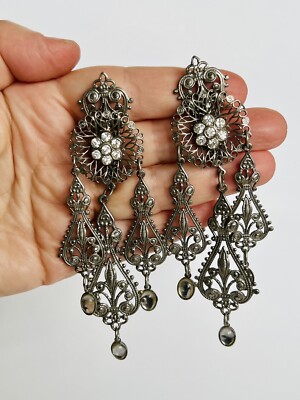 Vintage Frank Usher Statement Chandelier Earrings Filigree Silver Clip-On  BNWT UK