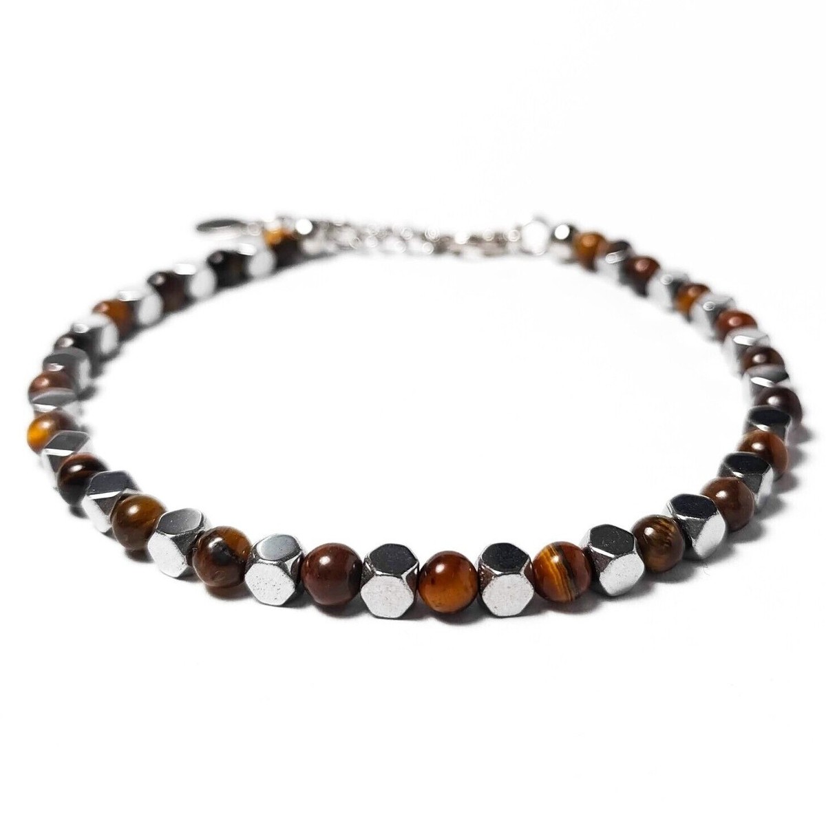 Bracciale Uomo In Acciaio Inox Con Pietre Dure Naturali: Turchese, Occhio Di Tigre Ed Ematite. Regolabile.
