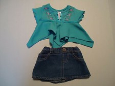 Build a Bear Aqua sequin  Flower top  denim skirt