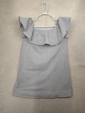 Eliza J Women Dress 14 White Striped Cotton Blend Off Shoulder Ruffle Mini Fit