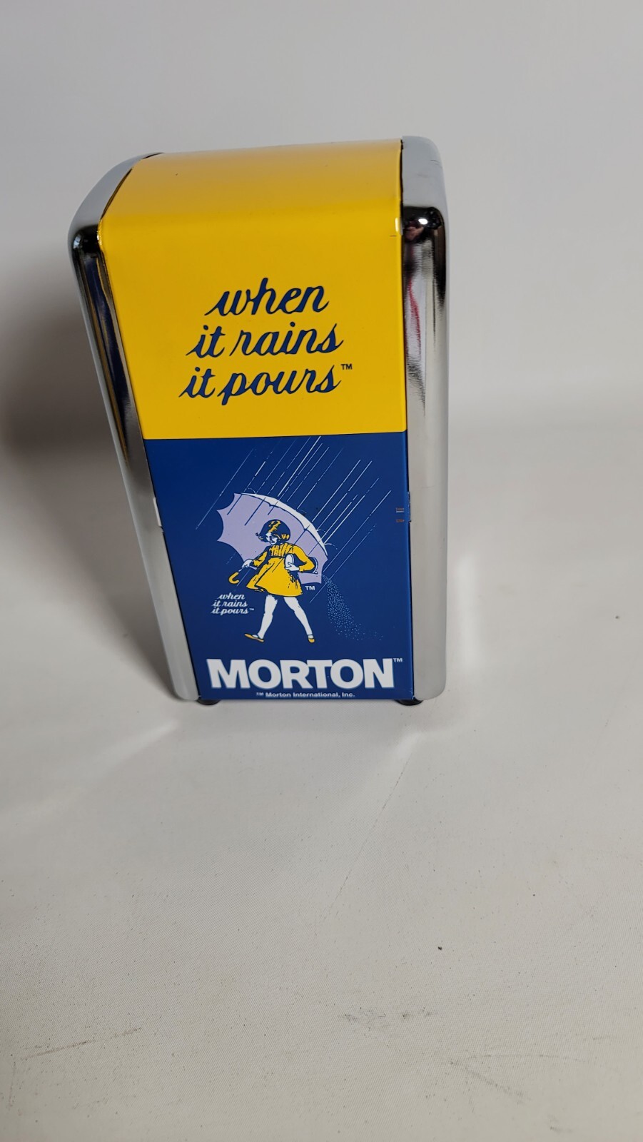 NOS Boxed Mortons Salt Napkin Dispenser When it Rains it Pours Kitchen