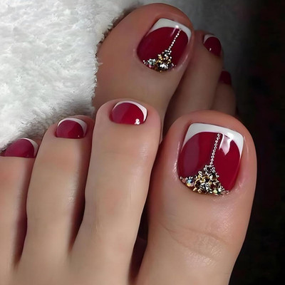 French Tip Red Press on Toenails for Women White Toe Nail Press Ons | Fantasy