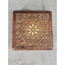 Vintage Hand Carved Wood Trinket Box Floral Inlay Purple Velvet Made in India