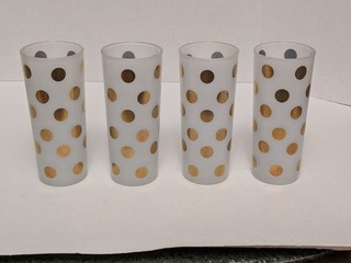 4 Frosted Tall Glasses W/ Gold Dots