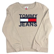 Tommy Jeans Crewneck Sweatshirt Men's Medium Beige Flag Logo Spellout Pullover