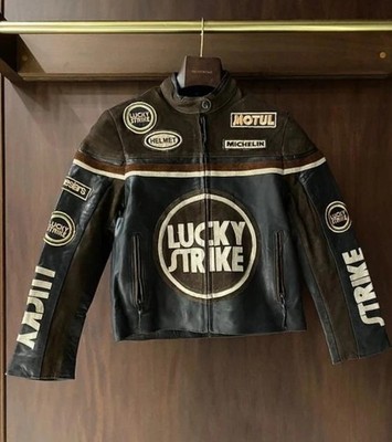 Handmade Vintage Lucky Strike Racing Leather Jacket, Retro Racer Biker Jacket