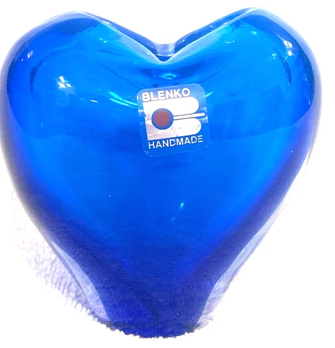 Vtg BLENKO Paperweight Cobalt Blue Clear Heart HANDMADE ART GLASS Vase