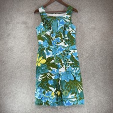 VTG Talbots Blue Green Floral Hibiscus Hawaiian Cotton Tropical Sheath Dress 10P