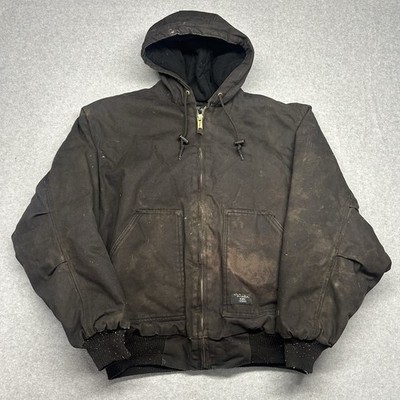 Walls Brown Zip Up Hooded Canvas Work Jacket Mens Sz L Tall Workwear Quilted