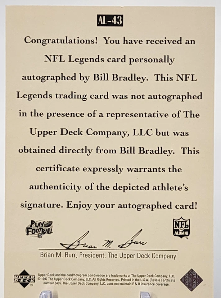 🏈 BILL BRADLEY AUTO 1997 Upper Deck NFL Legends - EAGLES #AL-43 (AU) 🌟 - Image 2 of 2