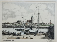 Duisburg około 1850 roku - oryginalna akwaforta - ręcznie kolorowana - Willi Peters