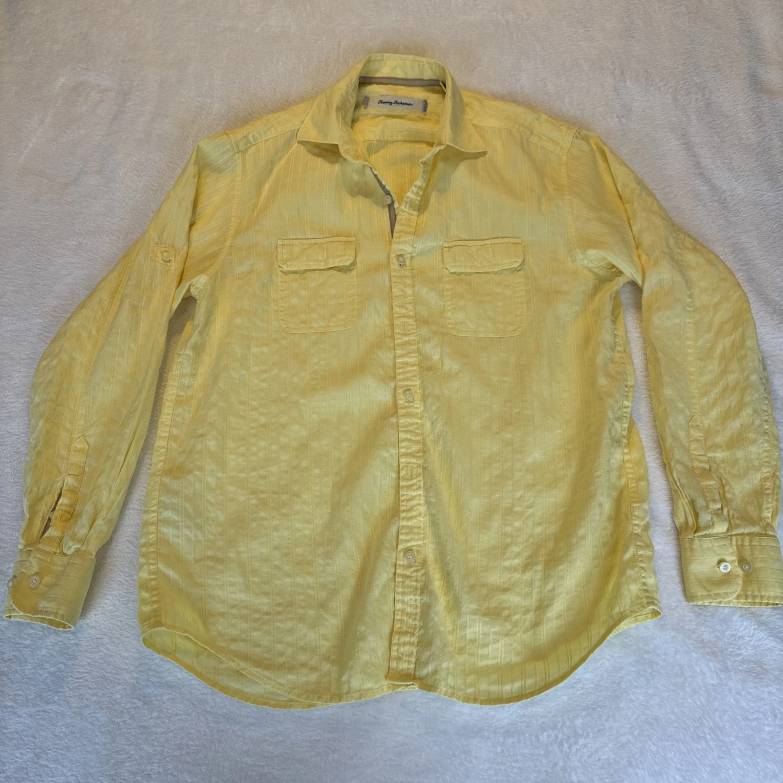 Tommy Bahama Botton Up Long Sleeve Yellow Men Medium Linen Roll Up Sleeve