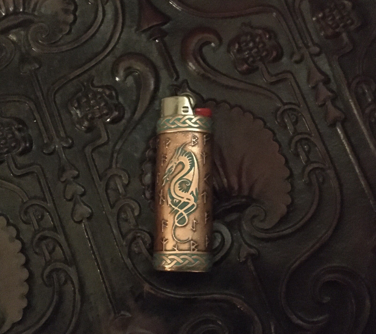 Dragon And Runes Lighter Case , Cover ,Sleeve Copper Metal Handmade EDC Fits Bic
