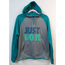 Nike Just Do It Hoodie Women's Medium Teal Gray Polyester Therma-Fit Thumbhole