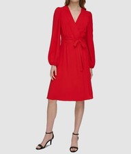 Tommy Hilfiger Women's Red Faux Wrap Blouson Sleeve MIDI Dress Size 10