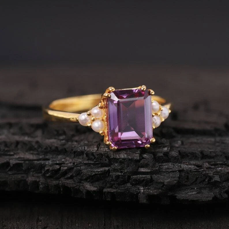 Alexandrite Pearl Ring Rose Gold Overlay Purple Gemstone Ring