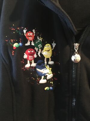 Embroidered M&M Candy Figures on Black Jacket Full Zip Size L