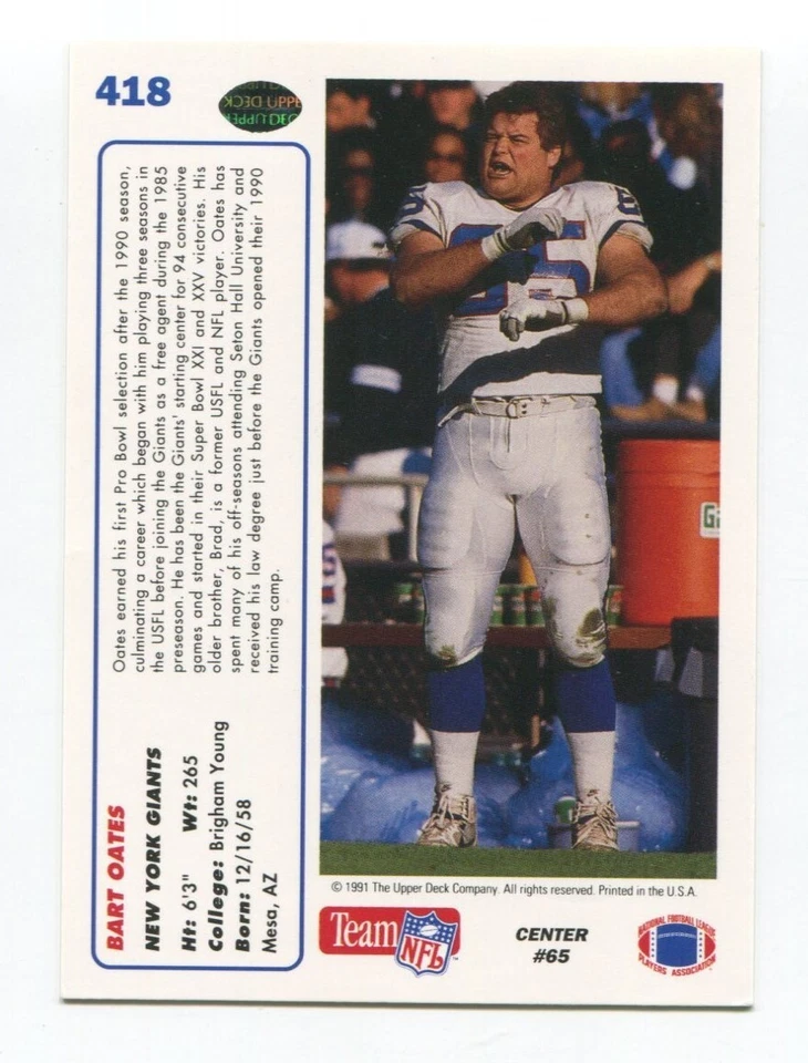 1991 Upper Deck Bart Oates Signed Card Football NFL Autographed AUTO #418 - Image 2 of 2