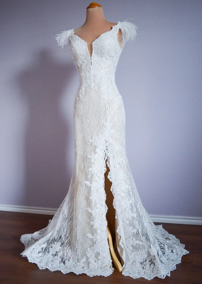 Blanco Largo Formal Baile de graduación Concurso Lentejuelas Pluma Noche Vestido de Boda 2/4 Foto 2 de 4