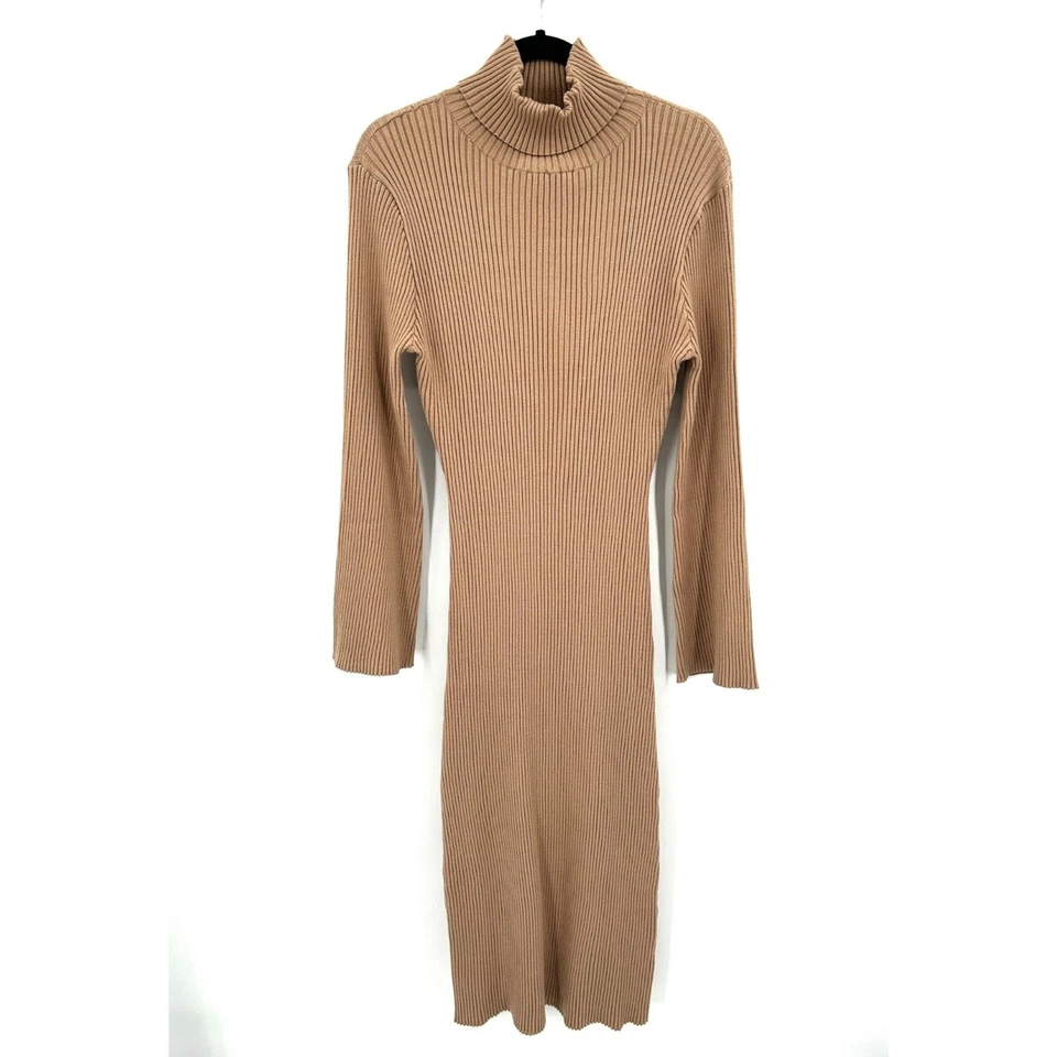 BUMPSUIT Maternity Beige Tan Ribbed Turtleneck Long Bell Sleeve Midi Dress Small - Image 3 of 4