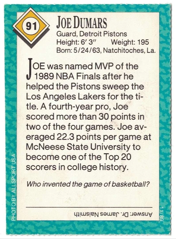 1989 Sports Illustrated for Kids Series 1 #91 Joe Dumars Detroit Pistons EX - Image 2 of 2