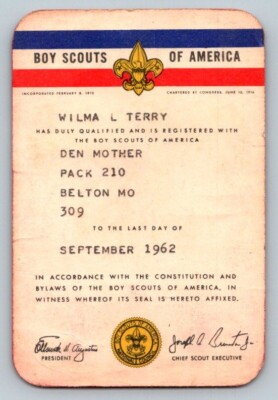 Belton Missouri Pack #210   1962 Den Mother Member Card   Boy Scouts of America