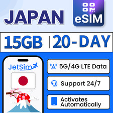 Japan eSIM - 15GB High-Speed Data, 20 Day Docomo JetSim/Digital Travel SIM Card