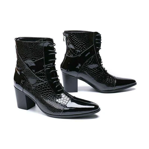 Men's Leather Ankle Boots High Block Heels Chic Formal Lace up Pointed toe Shoes - Bild 2 von 13