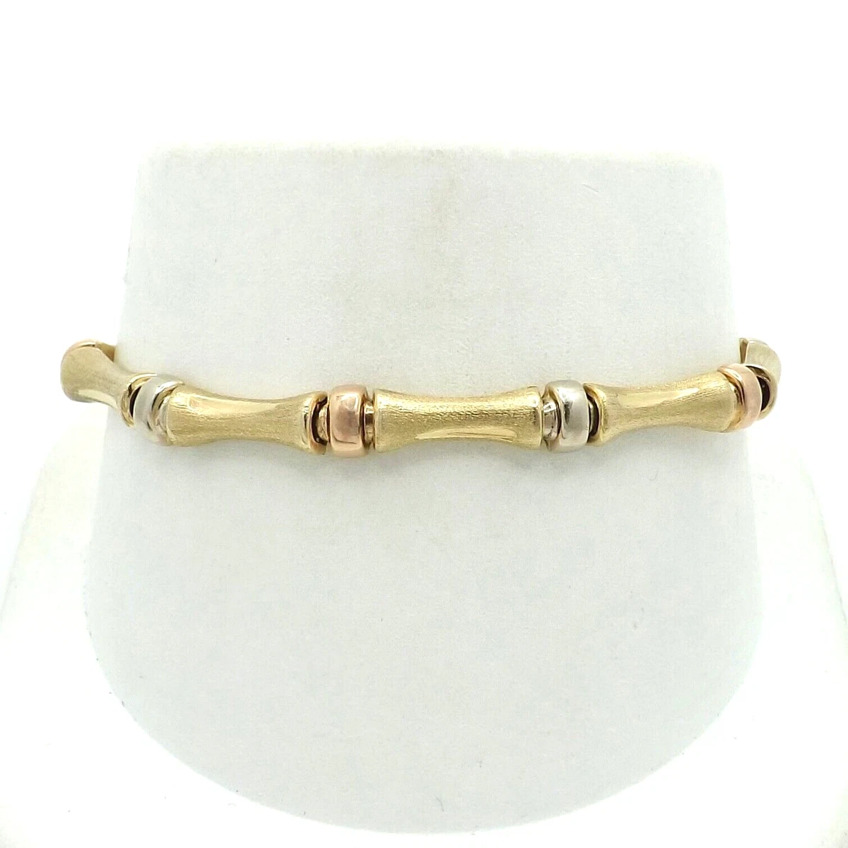 14k Tricolor Gold Bamboo Dog Bone Stampato Link Bracelet 7in 9gr
