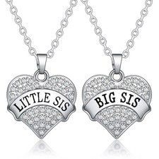 2PCs Big Sis Lil Sis Crystal Heart Pendant Necklace Set Gift for Sister Women