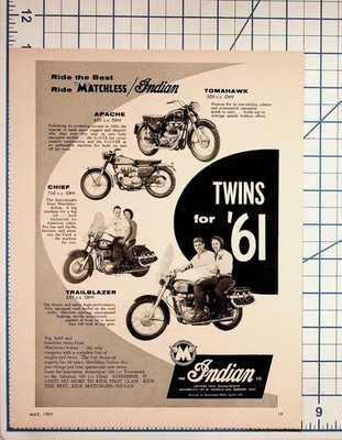 1961 Indian Matchless Motorcycles Ad Apache Chief Tomahawk Trailblazer Ephemera