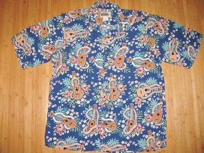 REYN SPOONER Shirt HAWAIIAN Size MEDIUM Rayon ART of EDDY Y Leis UKULELE