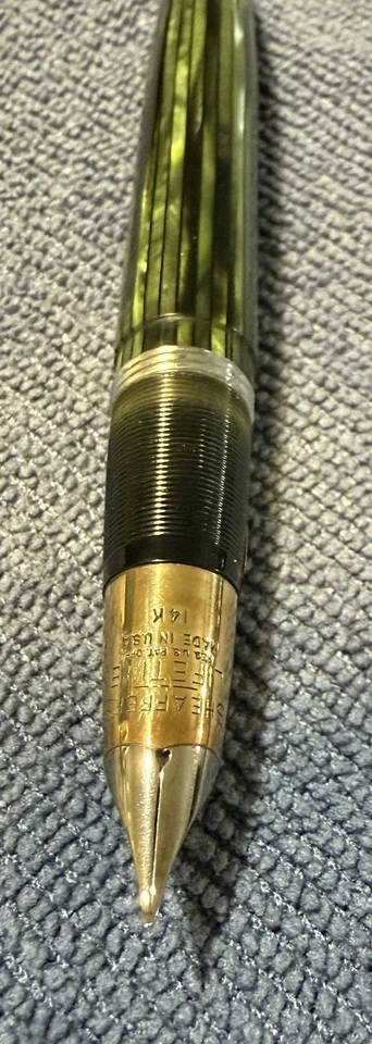 Pluma Estilográfica Sheaffer Punto Blanco 14K Bomba de Destoque Celuloide Estriado Verde EE. UU. Foto 2 de 4