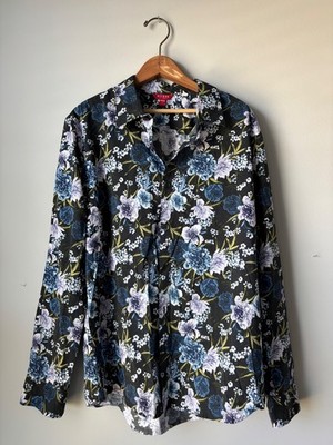Guess Los Angeles Men's Black Blue Floral Print Long Sleeve Button Up Shirt L